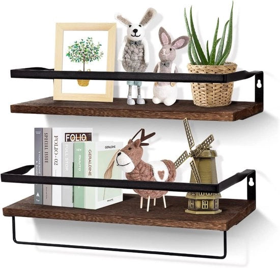 Pannello da parete, pannello decorativo in legno e metallo con asse da asciugamano, set da 2, per installazione da parete per camera da letto, soggiorno, bagno, cucina, ufficio, marrone, 42 x 15 x 7,5 cm