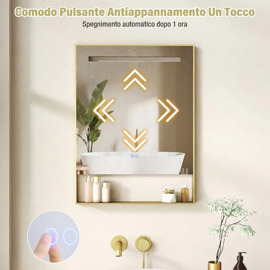 Specchio da Bagno LED 80 x 60 cm con Mensola, Specchio da Trucco con Cornice in Alluminio, Funzione Antiappannamento, 3 Colori di Luce e Luminosità Regolabile