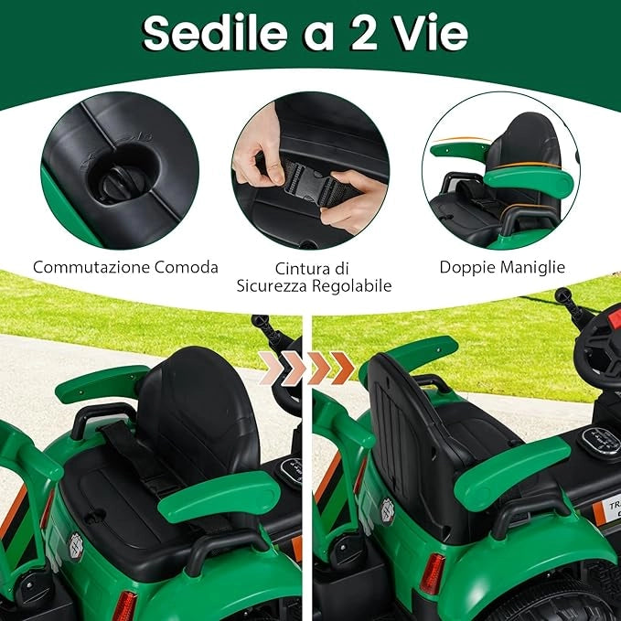 4 in 1 Trattore Elettrico per Bambini, Trattore Cavalcabile per Bambini 3-8 Anni con Telecomando Rimorchio e Cucchiaia Staccabile, Velocità Regolabile, Doppi Motori (Verde)