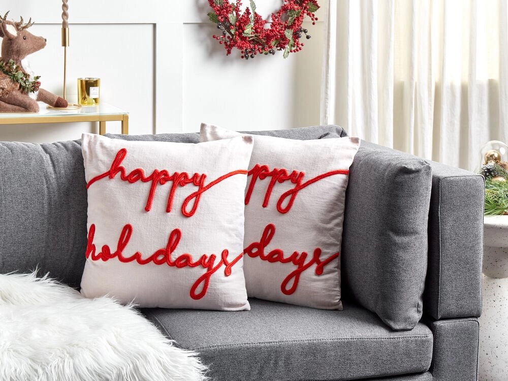 Set di 2 cuscini decorativi in velluto con motivo natalizio bianco e rosso 45 x 45 cm soggiorno camera da letto