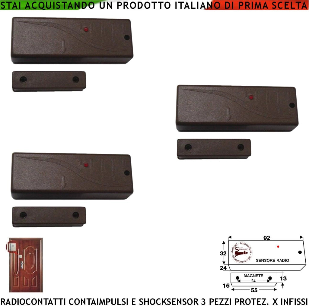 Sensore Scasso Sismico Radio Fr. 433,92 MHz Tre Pezzi Per Antifurto Contatto Magnetico Contaimpulsi Per Switchallarm Ingresso NC Rilevatori Remoti Furto Codice SecurLysa Anticollisione Rileva Trapano