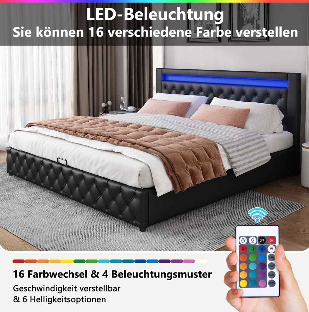 Letto imbottito 180x200 cm in PU nero con LED e vano contenitore