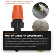 Set di Spari di Nebbia da 50 - Alta Qualità Plastica - Valvola 1/4'' - Tubo 4mm/7mm - Per Sistemi di Irrigazione - Pressione di Servizio 1,5-3 kg - Spari di Nebbia
