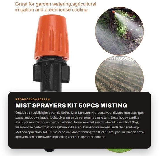Set di Spari di Nebbia da 50 - Alta Qualità Plastica - Valvola 1/4'' - Tubo 4mm/7mm - Per Sistemi di Irrigazione - Pressione di Servizio 1,5-3 kg - Spari di Nebbia