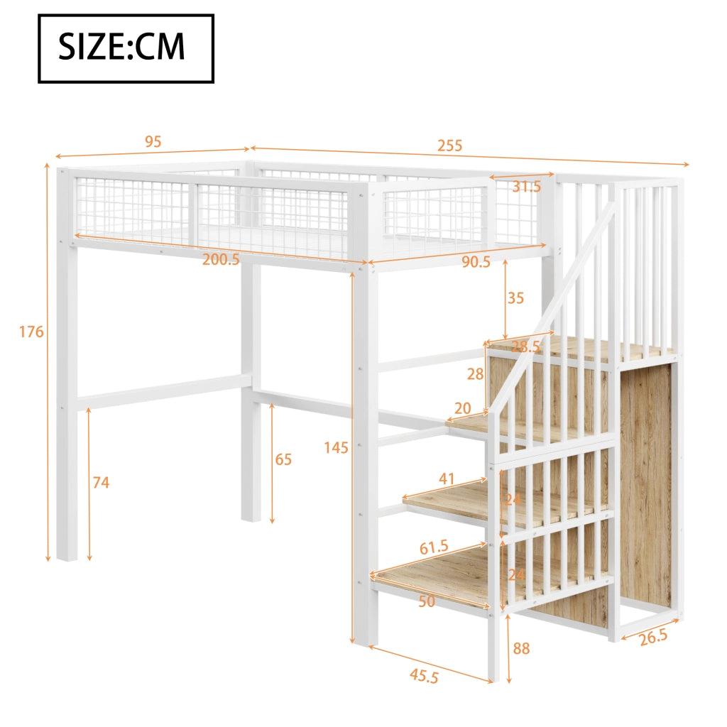 LETTO A CASTELLO 90x200 cm in metallo bianco con scala e armadio
