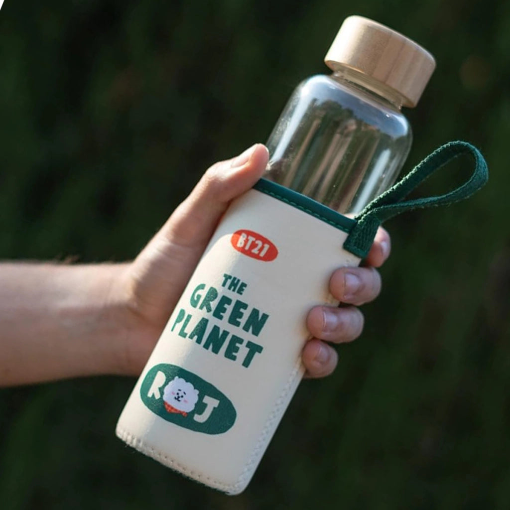 Borraccia in vetro riutilizzabile da 500 ml con motivo RJ e custodia Bianco / Verde Line Friends BT21