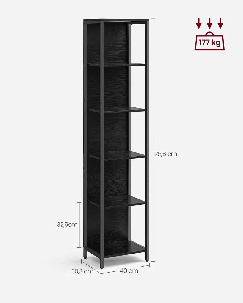 Libreria a LED a 6 ripiani con luce regolabile unità di archiviazione con struttura in acciaio 303 x 60 x 178,6 cm per soggiorno camera da letto ufficio finitura in legno nero 12_0004275