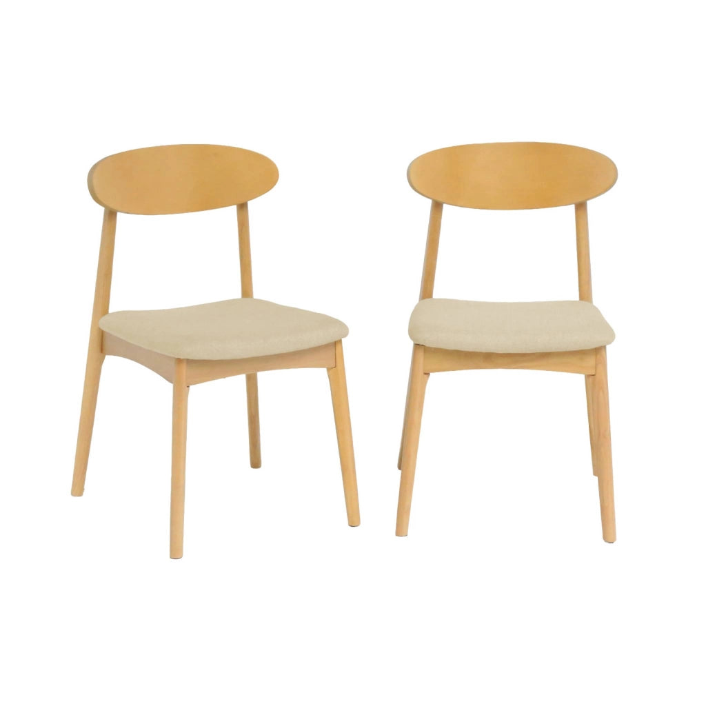 Set 2 sedie vintage in legno di hevea naturale e tessuto, beige