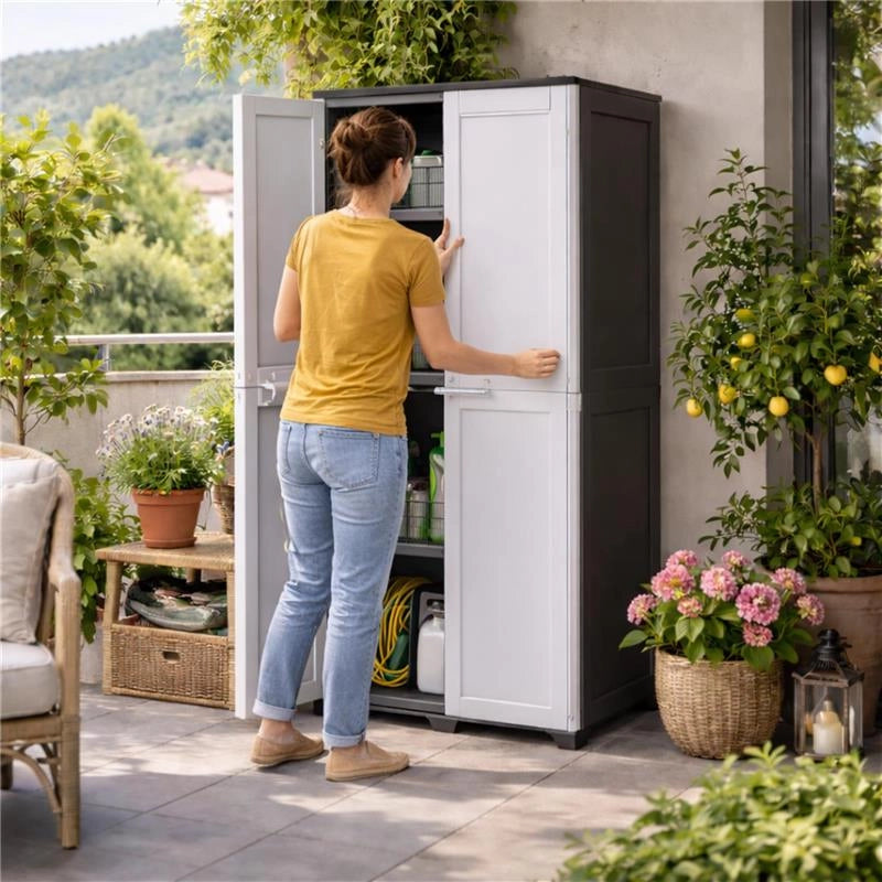 ARMADIO 2 ANTE CON RIPIANI OMNIMODUS SIMPLEX – MOBILE MULTIUSO 5 VANI IN RESINA NERO GRIGIO