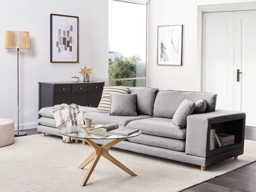 Divano moderno modulare a 2 posti tessuto grigio chiaro con schienale imbottito con pouf classico