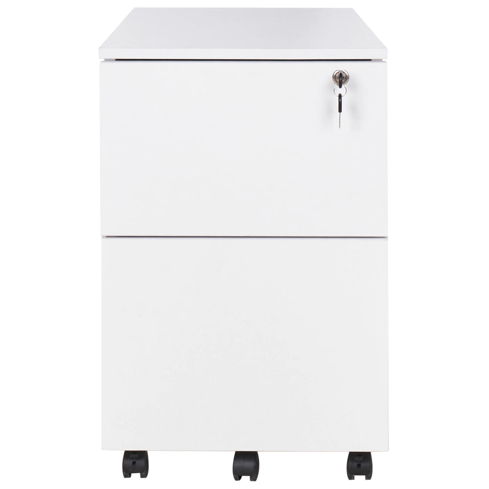 Armadietto per ufficio in legno massiccio con 2 cassetti e ruote con serratura a chiave bianco design moderno