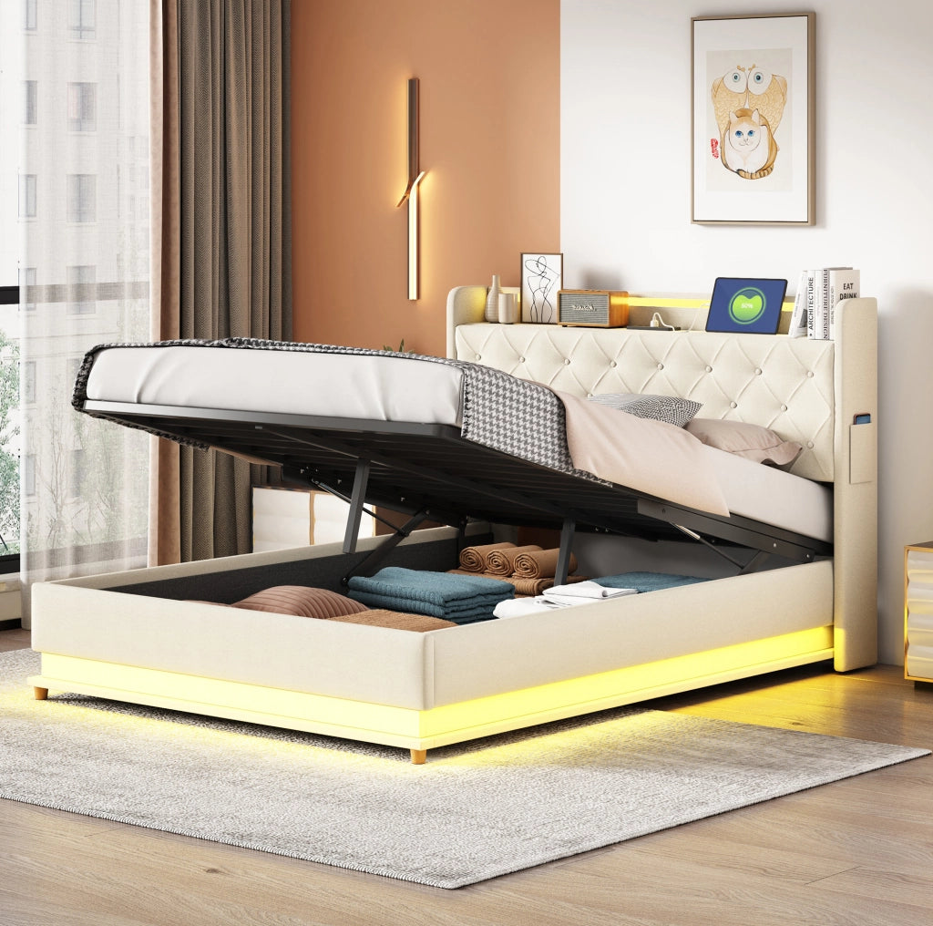 Letto imbottito LED 140x200 cm con porta USB; contenitore idraulico e tessuto effetto lino beige