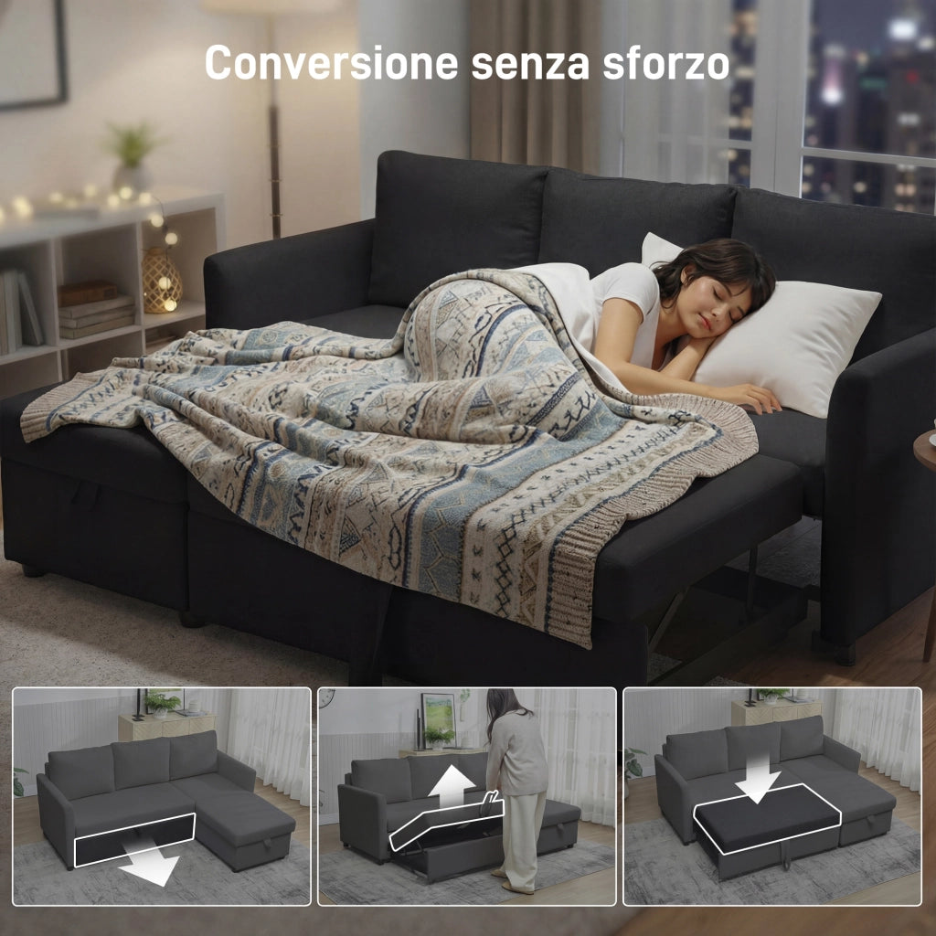 Divano Letto con Chaise Longue 192x148x86 cm con Vano Portaoggetti a Scomparsa Effetto Lino Grigio Antracite
