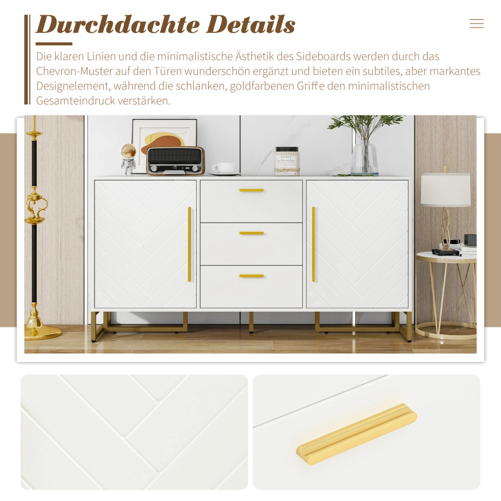 Credenza con 2 ante; 3 cassetti e ripiani regolabili per soggiorno in MDF e PB 145×40×75 cm bianco