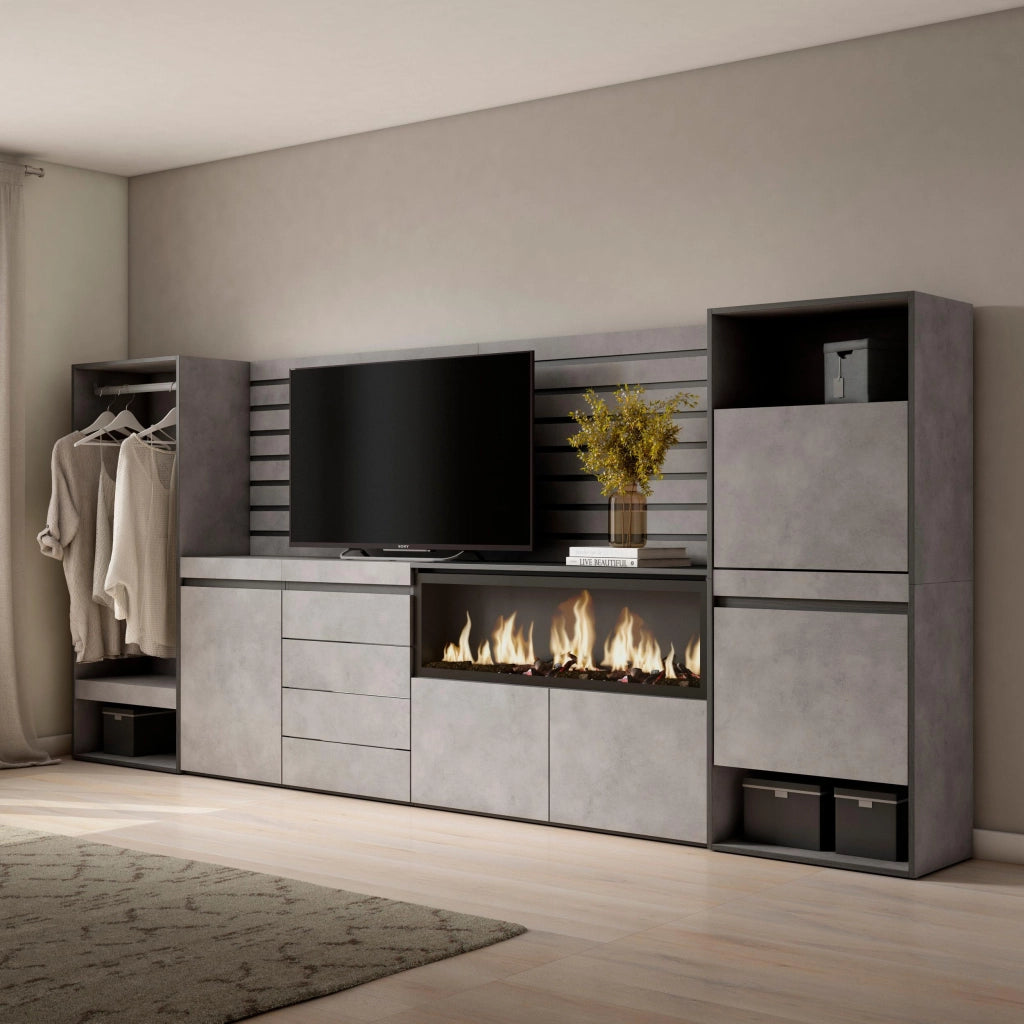 Credenza, 334x35x145cm, Camera da letto, Camino elettrico XXL, Cassettiera, Scarpiera, Armadio Aperto, grigio cemento RF3395