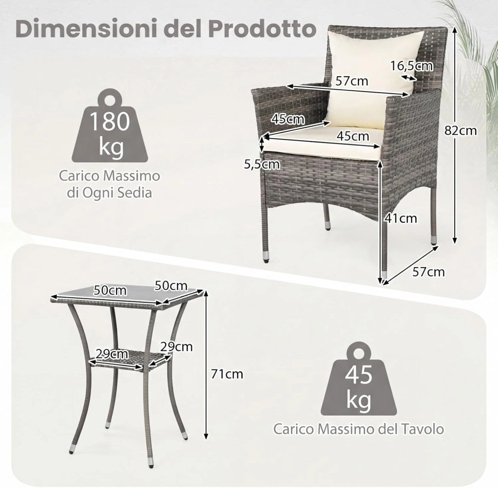Set da Salotto da Giardino 3 Pezzi, 3 Pezzi Set Mobili da Esterno in Rattan con Tavolo in Vetro Temperato a Doppio Ripiano, Set da Conversazione con Cuscini per Veranda (Grigio+Bianco)