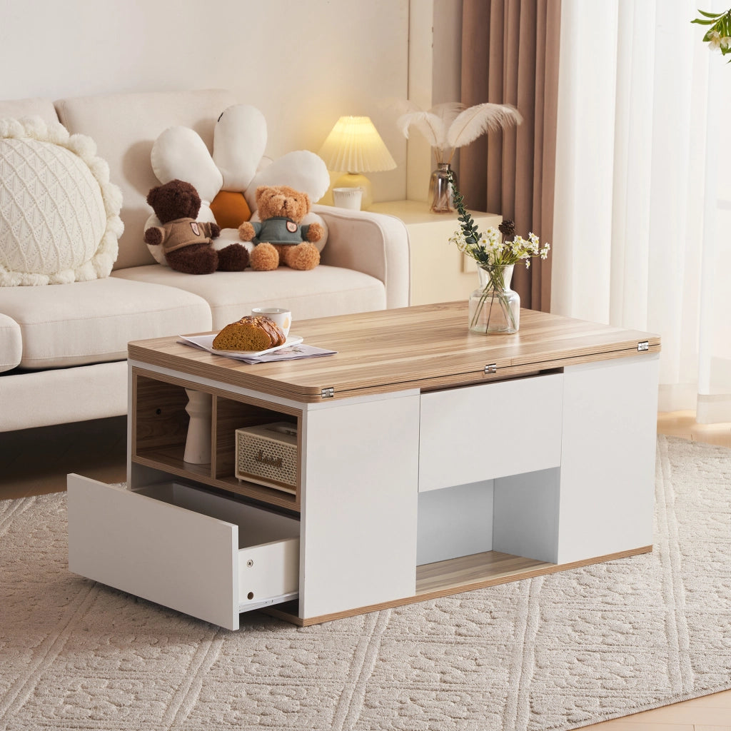Tavolino basso sollevabile con 2 cassetti, 1 anta e vani aperti, per soggiorno, bianco e legno, 100 × 51 × 47 cm