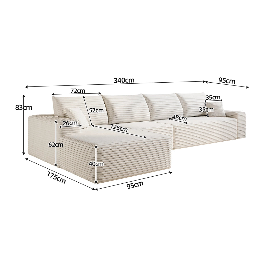 Divano angolare modulare con chaise longue a forma di l senza attrezzi imbottitura in schiuma elastica tessuto bianco