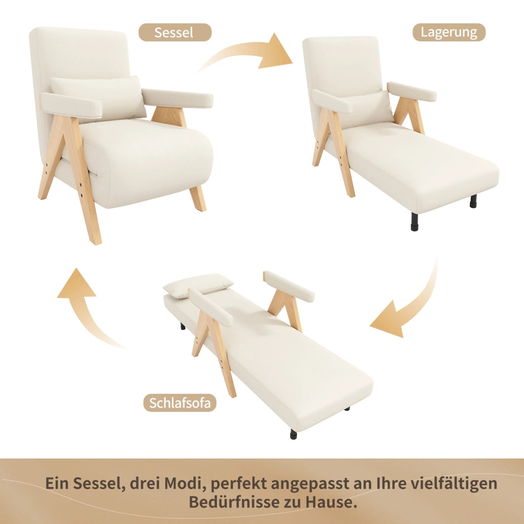 Poltrona letto 3 in 1 con schienale regolabile a 6 posizioni cuscino lombare in lino beige e struttura in metallo