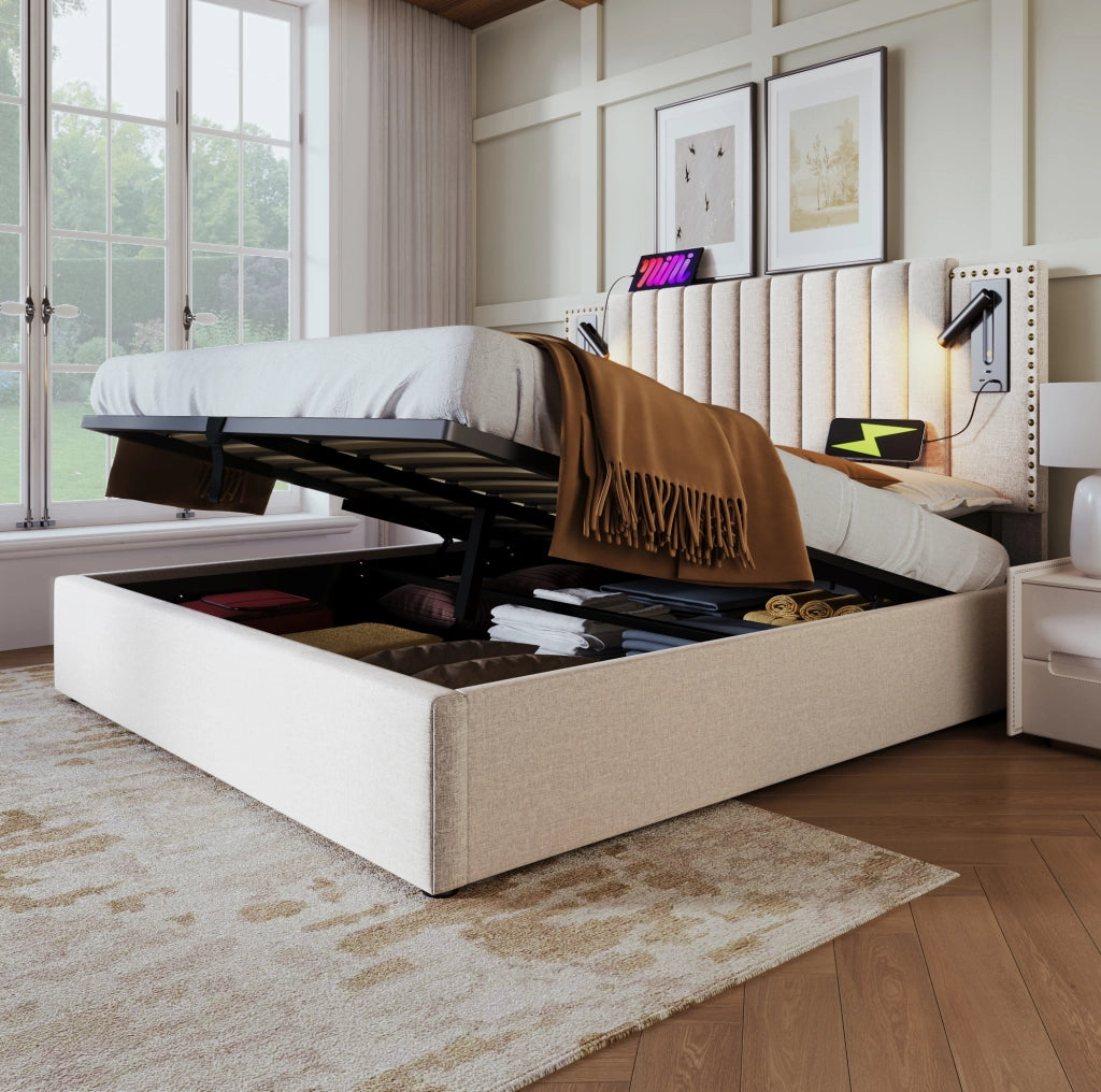 Letto matrimoniale 140x200 beige con contenitore e materasso
