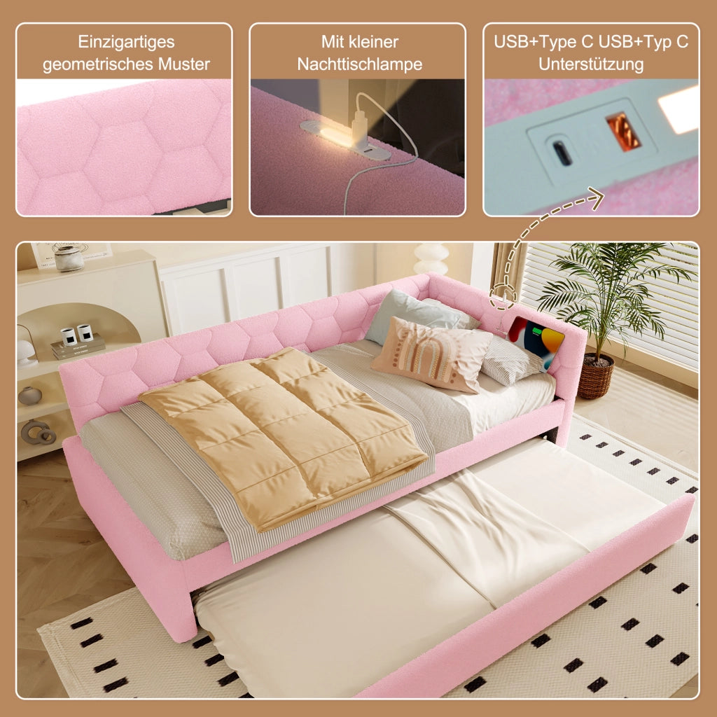 LETTO 90x200 cm in Bouclé Rosa con letto estraibile, USB e Tipo-C