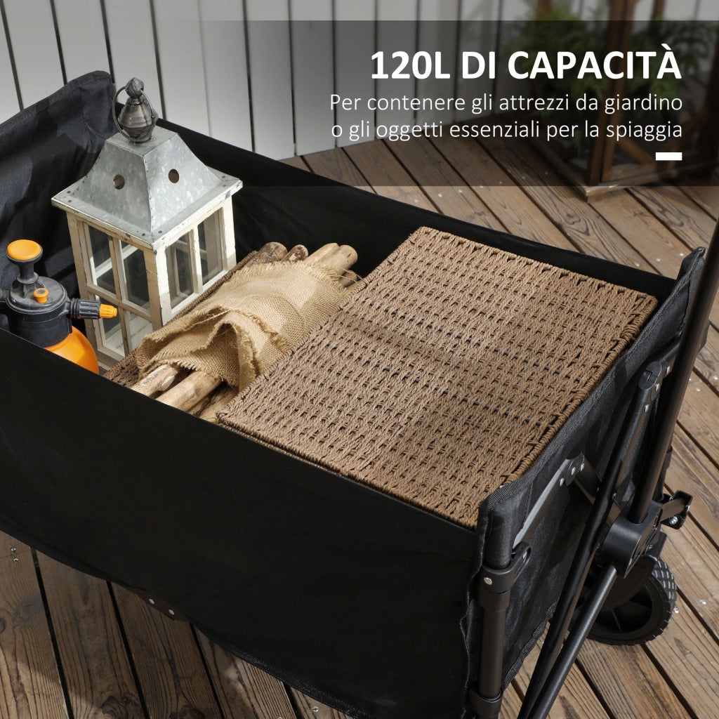 Carrello da Giardino 90x48x62 cm da 120L Pieghevole in Acciaio e Poliestere Nero