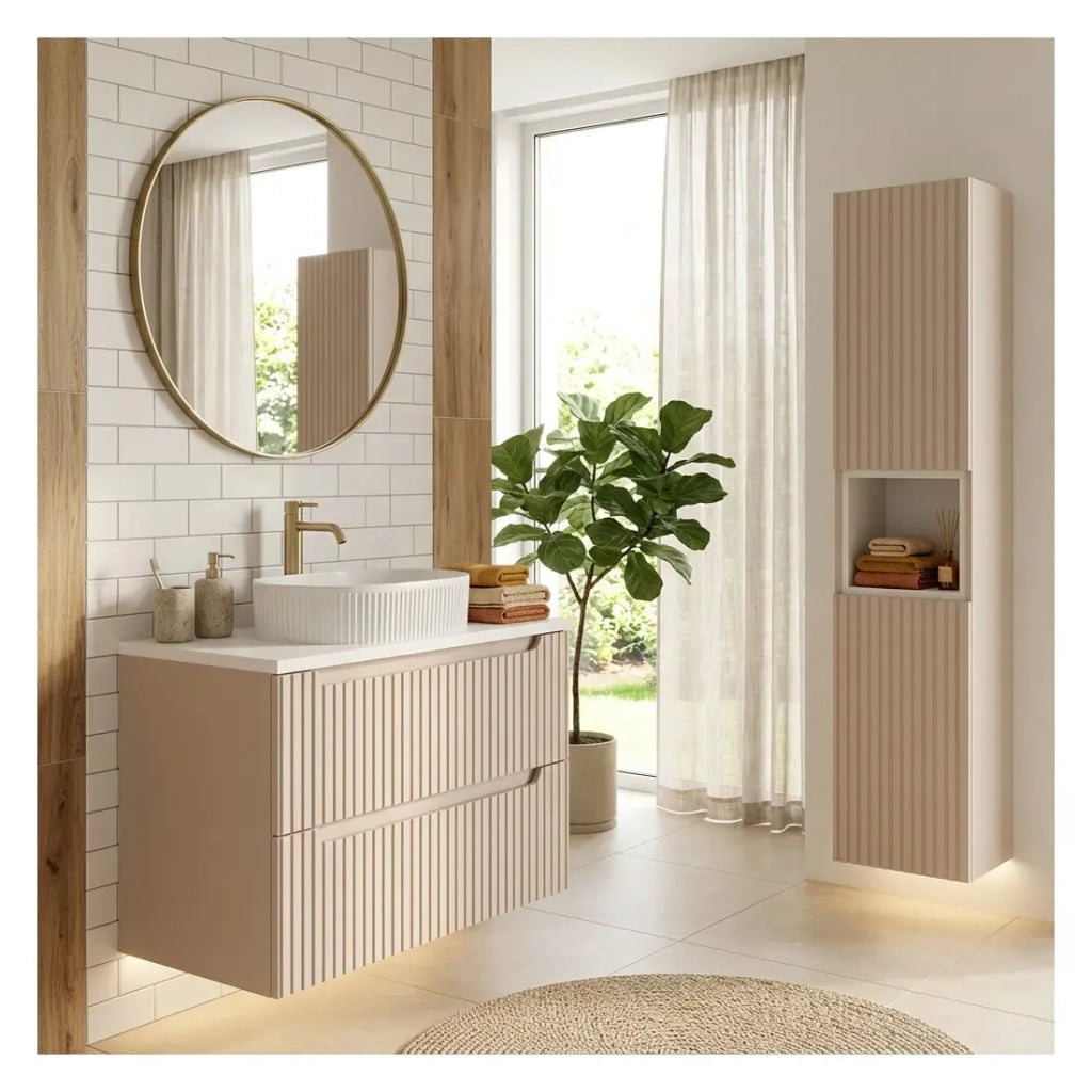 Set VANO cashmere e bianco 110cm: mobile sottolavabo con cassetti + lavabo da appoggio bianco scanalato + colonna