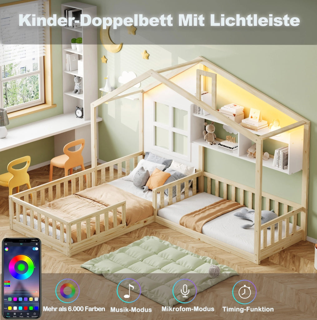 Letto per bambini a casetta 90x200 cm con LED; ripiani e sponda; legno naturale/bianco