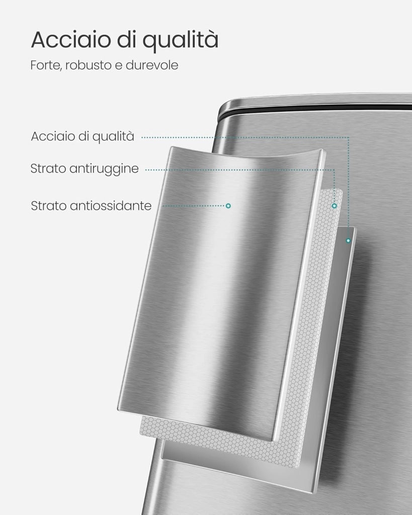 SONGMICS Pattumiera da Cucina, Cestino da 30 L, Cestino a Pedale in Acciaio, con Secchio Interno, Chiusura Morbida e Resta Aperto, Argento Metallizzato LTB593E01