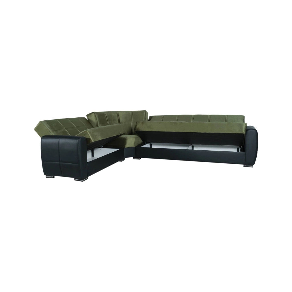 Divano letto Gaillardia, Divano letto contenitore ad angolo in ecopelle e tessuto, SofÒ  da soggiorno con apertura click-clack e penisola reversibile, 305x238h91 cm, Nero e Grigio Scuro