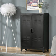 Mobile contenitore in metallo con ante a lamelle, 2 ripiani regolabili, nero, 75 x 33 x 110 cm