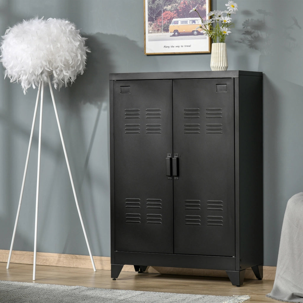 Mobile contenitore in metallo con ante a lamelle, 2 ripiani regolabili, nero, 75 x 33 x 110 cm
