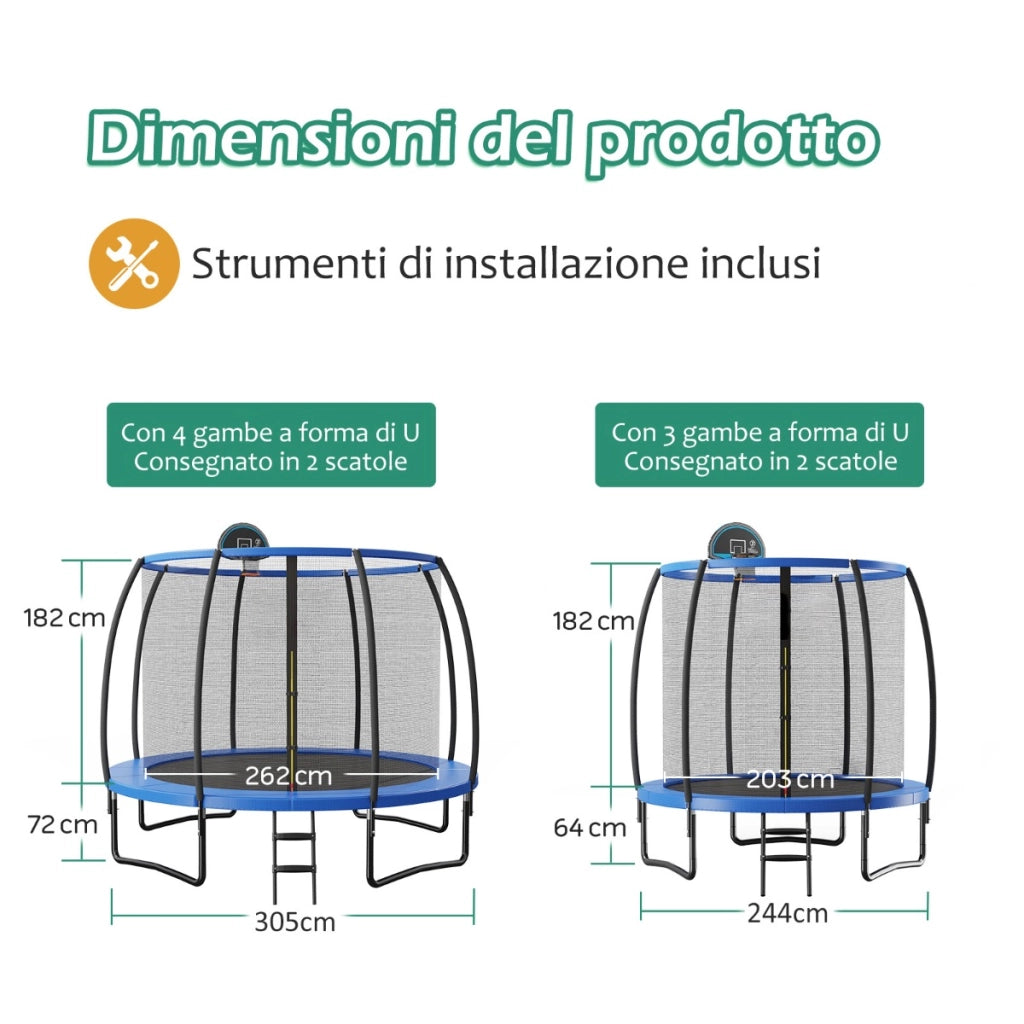 Tappeto elastico con anello da basket rete cuscinetto di sicurezza scaletta con 2 gradini, Trampolino da 305cm