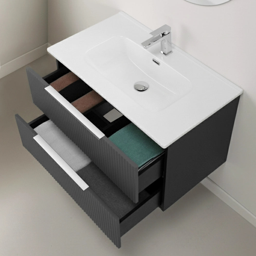 Mobile bagno sospeso 80 cm grigio cannettato con lavabo e specchio tondo Zena