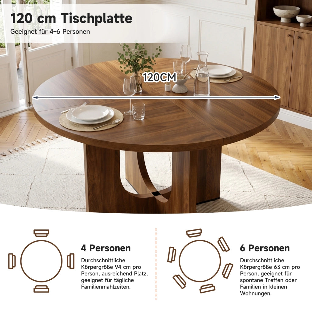 Tavolo da pranzo per 4-6 persone con piano rotondo, stile nordico, in MDF, colore noce, diametro 120 cm