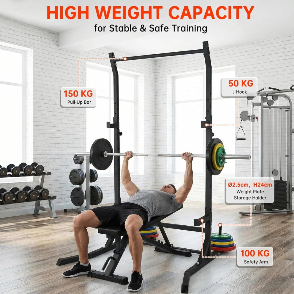 Power Cage Squat Rack - Rack di potenza multifunzionale per asta di casa, palestra, gancio a J regolabile e barre di sicurezza per trazioni con bilanciere