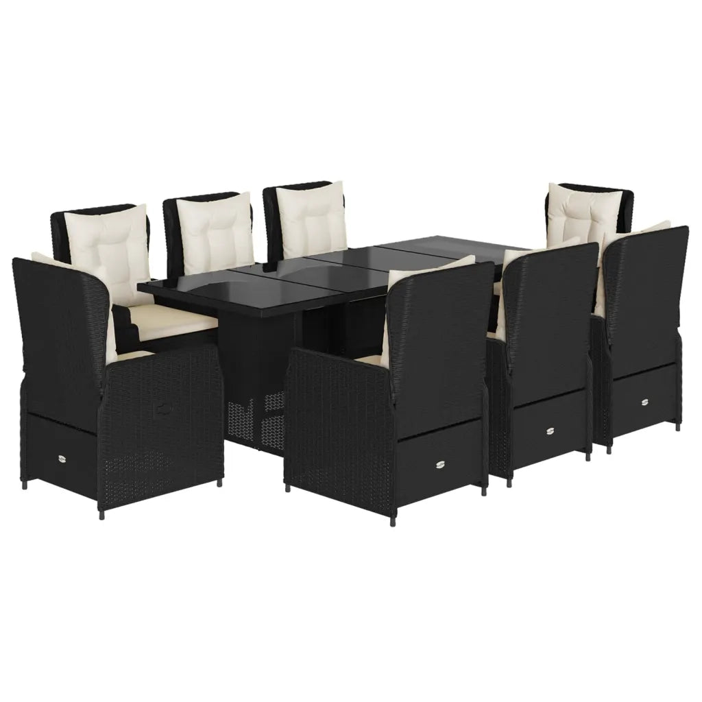 Set da Pranzo da Giardino 9 pz con Cuscini Nero in Polyrattan