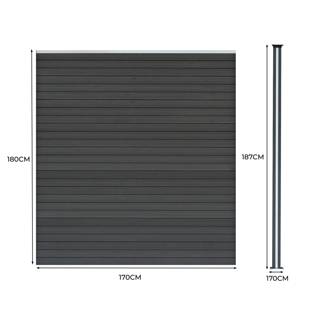 Pannelli Recinzione x2 + 3 Pali Alluminio LED Grigio Doghe PVC 185cm