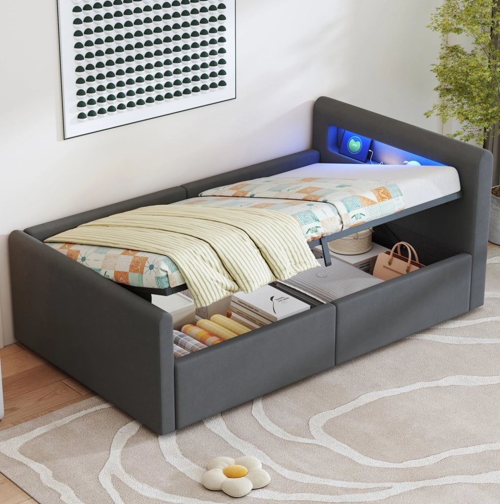 Letto imbottito 90x200 cm con LED; USB e contenitore in velluto grigio