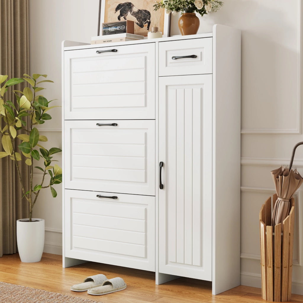 Scarpiera bianca con 3 ribalte, cassetto, vano laterale e ripiani regolabili, 92x24x121 cm