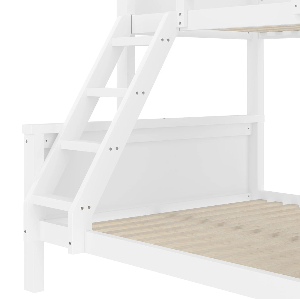 Letto a castello 90x200 e 140x200 cm con scrivania; libreria e 3 cassetti; pino e MDF bianco