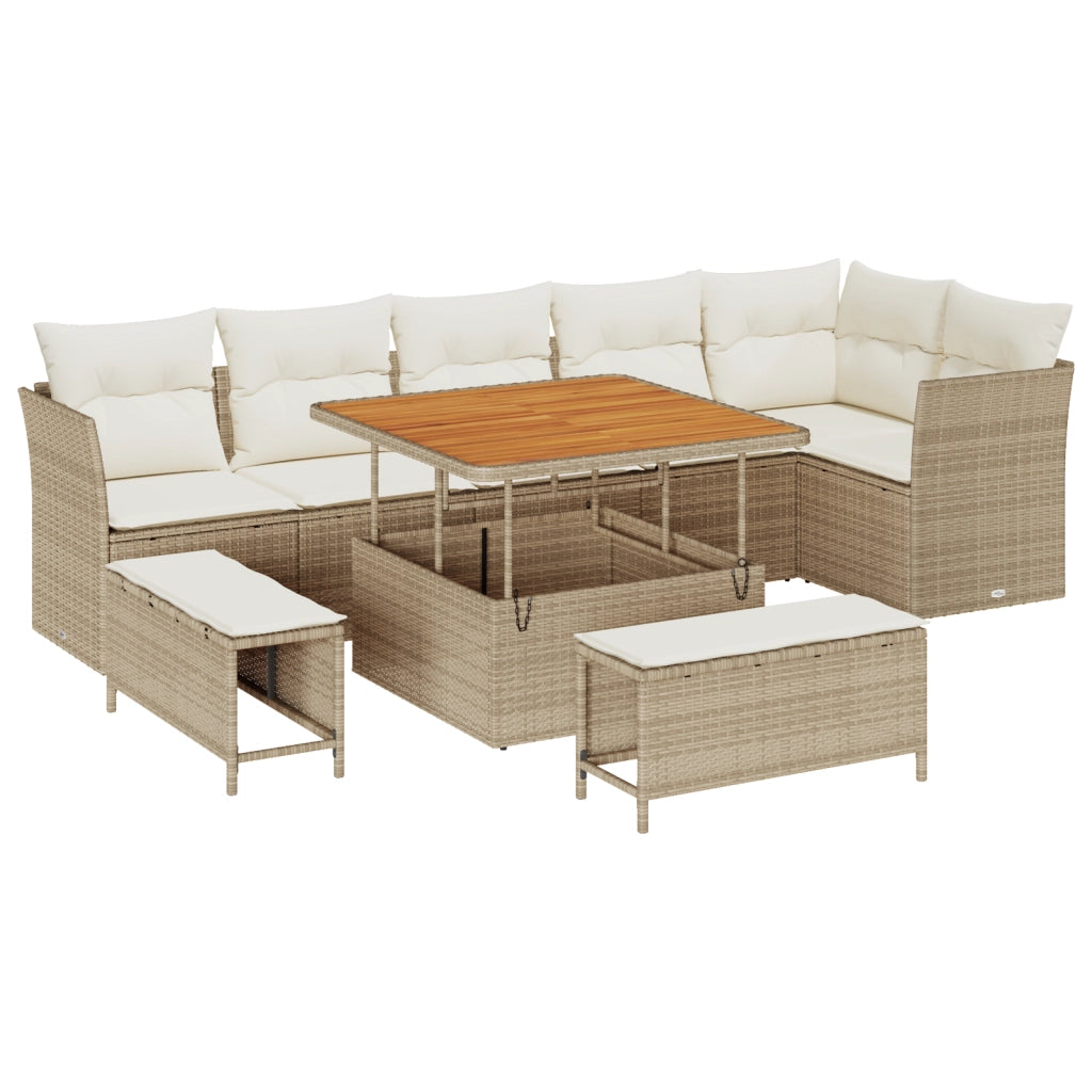 Set divano da giardino 9 pezzi con cuscini beige in rattan poliestere acacia
