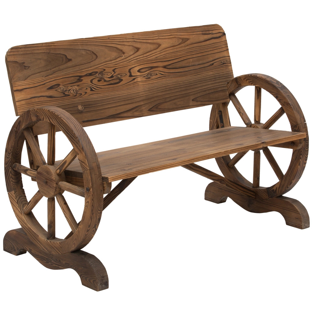 Panca da giardino rustica in legno massiccio con braccioli a design ruota, 2 posti, marrone scuro