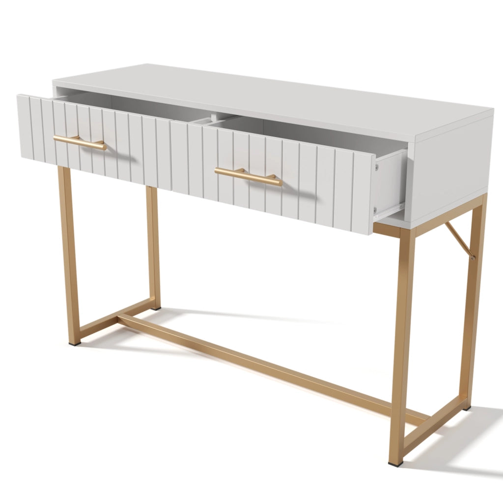 Toeletta moderna con 2 cassetti, struttura in truciolare e base in metallo, bianco, 100x45x75 cm