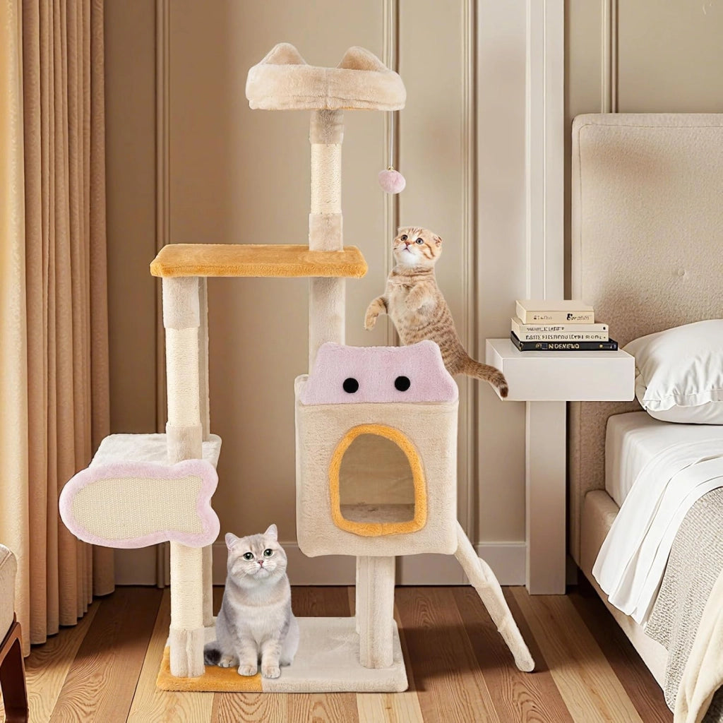 Albero per Gatti da Interno Alto 125 cm, Tiragraffi per Gatti a Più Livelli con Cuscino, Rifugio, Tiragraffi in Sisal a Forma di Pesce, Rampa, Pallina Pendente e Piattaforme