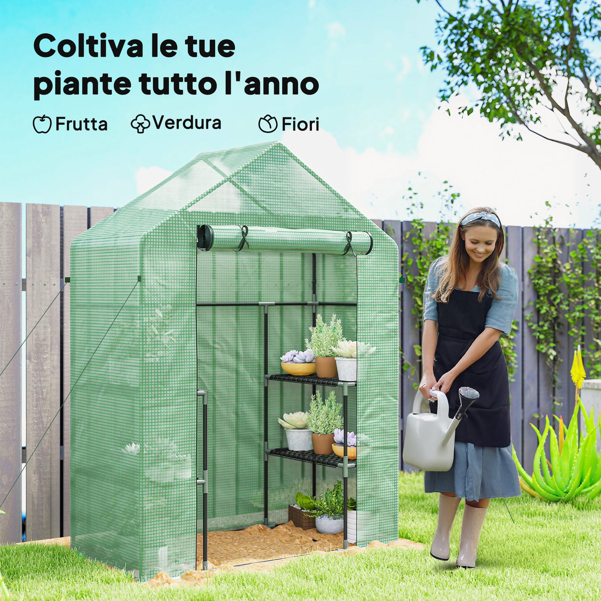 Serra da Giardino 142x73x195 cm con 2 Mensole a 3 Livelli e Ingresso a Zip in Acciaio e PE Verde