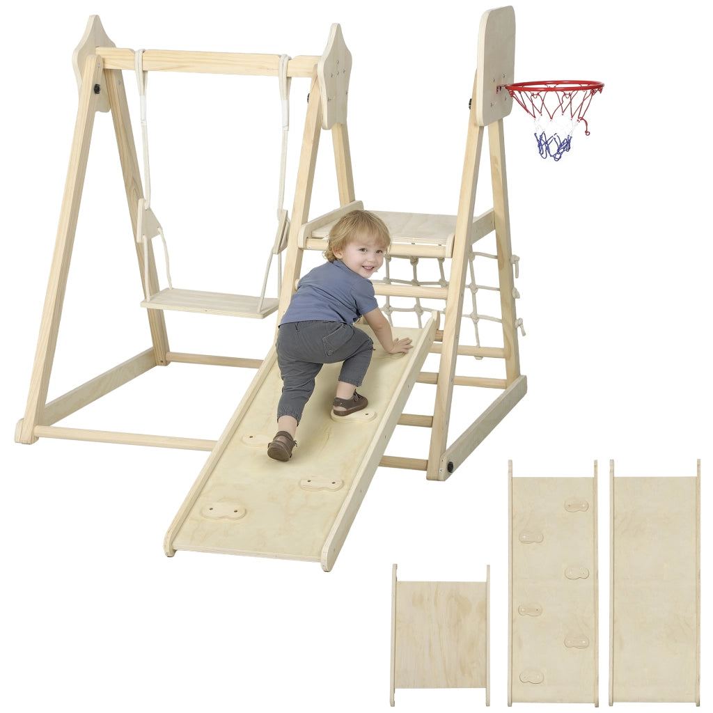 Casa di gioco per bambini con scivolo, altalena e canestro ¨C zephmum ¨C Legno, 140x172.5x116.5 cm