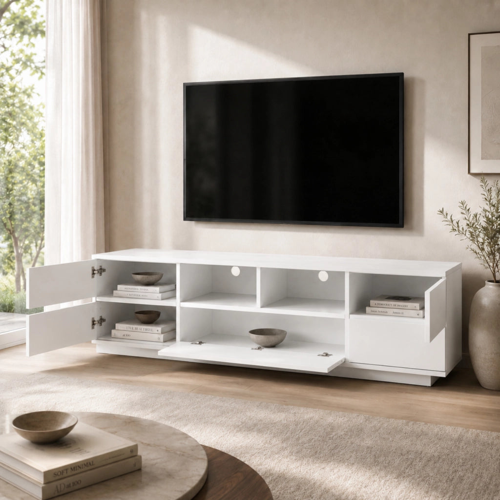 Mobile Televisore Moderno Con 4 Ante 1 Anta A Ribalta 2 Vani A Vista Con Passacavi Per Soggiorno Zona Living Salotto In MDF Resistente 180 x 38 x 46 Cm Bianco