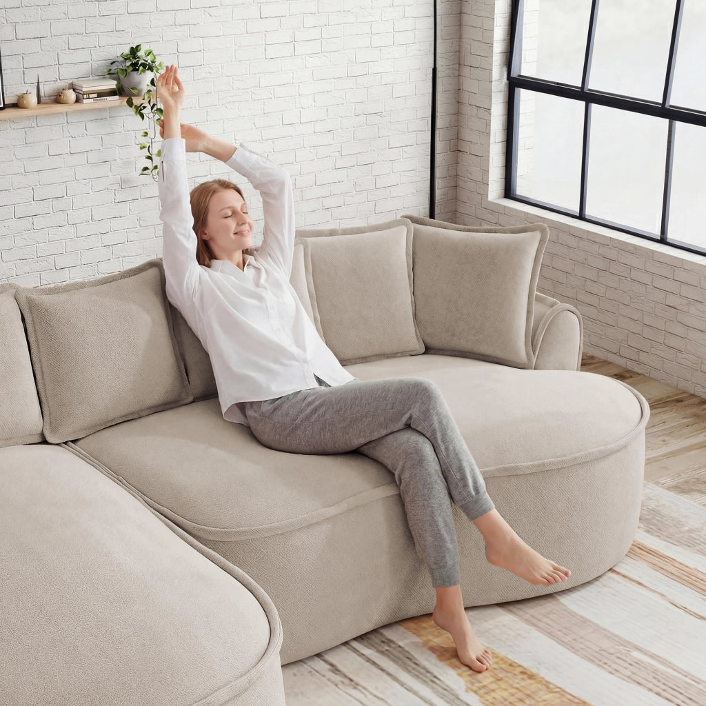 Divano 4 Posti in Tessuto Chenille con Cuscini ¨C Xylo ¨C Beige Chiaro