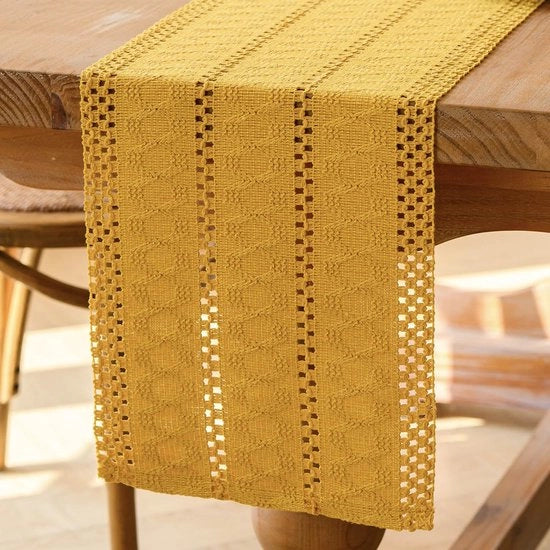 Tavolo da pranzo macramé moderno in lino giallo, stile rurale, tovaglia per tavolo piccola, 30x180 cm